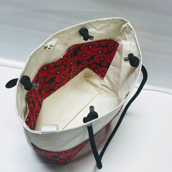 Recycled Sail Cloth Red Poppy Womens Shoulder Tote Bag Handmade - Picture 4 of 7
